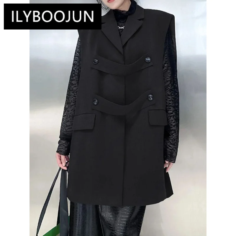 

Ilyboojun Solid Casual Loose Vcoat For Women Lapel Sleeveless Patchwork Double Breasted Designer Jacket Female Fashion