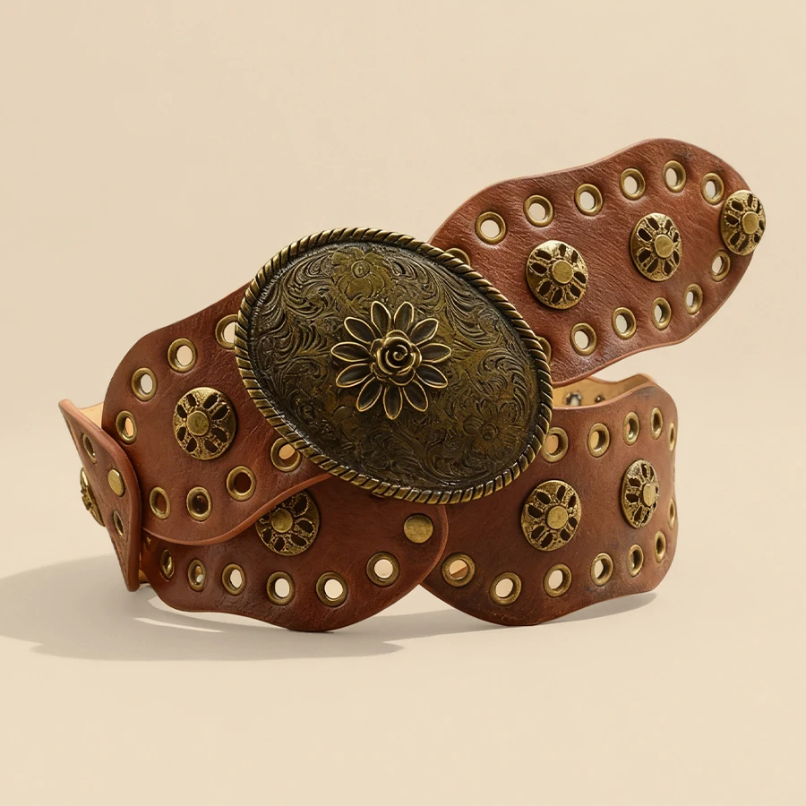 Vintage Flower Metal Buckle Wide Belt Brown Hollow Rivet Women's Waist Cinch Leather Belt Retro Distressed Style