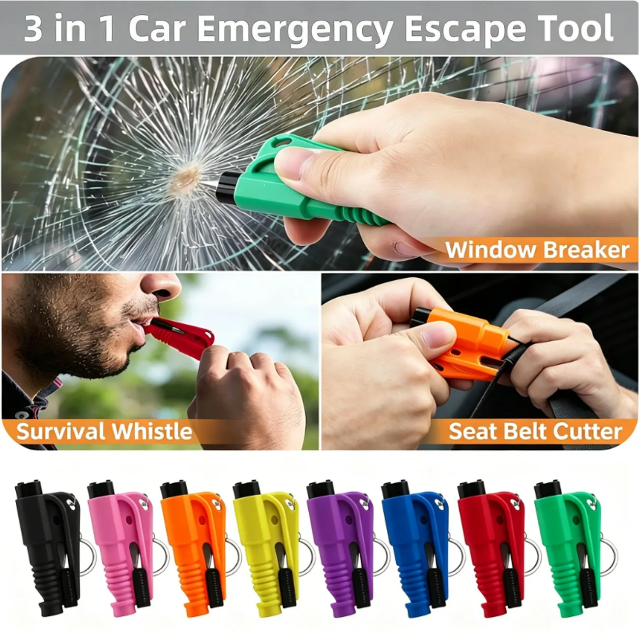 Martillo de Seguridad Compacto 3 en 1, Herramienta de Escape para Auto, Rompeventanas, Cortador de Cinturón de Seguridad, Silbato de Rescate, Accesorios de Herramienta de Escape de Emergencia