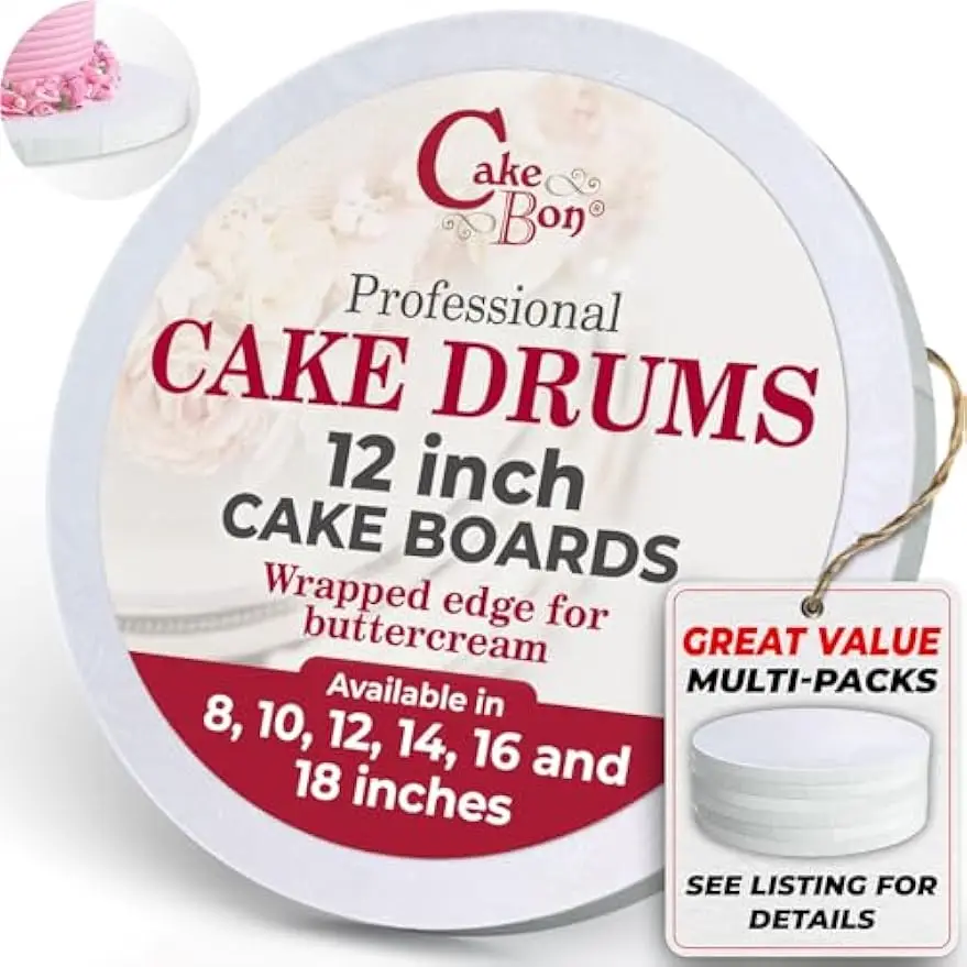 

12-Inch White Cake Boards, 1/2 Inch Thick with Wrapped Edges, Sturdy and Professional for Baking Displays - 12-Pack
