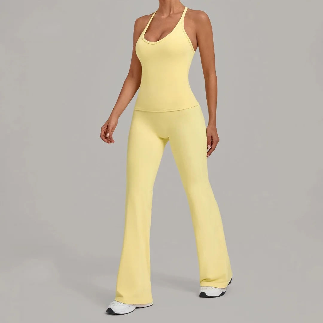2Pcs Women's Yoga Set Racerback Tank Top Removable Padding Cross Waist Wide-leg Flared Pants Running Workout Gym Yoga Suit