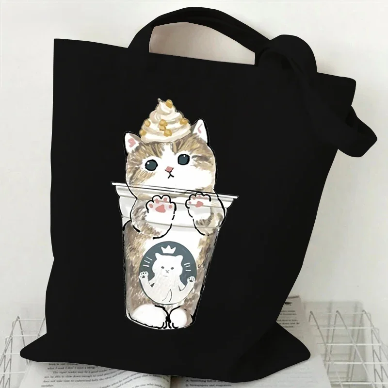 High Capacity Women Men Canvas Shoulder Bags Cute Cats Cartoon Anime Tote Bag Teen Girls Beach Bag Funny Kitten Female Handbags