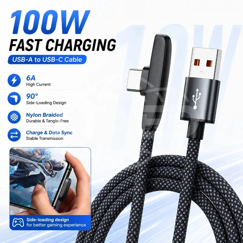100W 6A 타입 C 게이밍 케이블, 90 °   삼성, 샤오미, 화웨이용 직각 USB-A to USB-C 나일론 꼬임 방식 고속 충전 데이터 케이블
