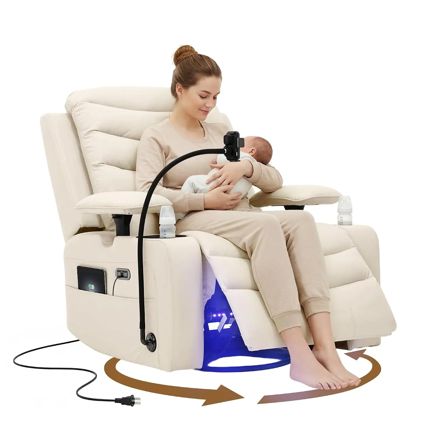 Power Glider Recliner Nursery Chair, Leather Swivel Rocking Chair with Electric Lumbar Support, USB Charging, Smart, Customized