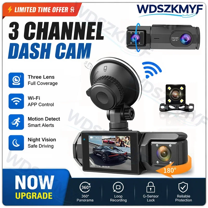 1080P WiFi Dash Cam 2/3 Lens Driving Recorder Car DVR wide angle Optional Rear Lens Camera Loop Recording Night Vision Black Box