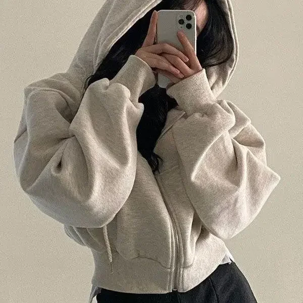 

Women Solid Hooded Cropped Sweatshirt Autumn Winter Korean Long Sleeve Zipper Casual Hoodies Female Casual Loose Short Jacket