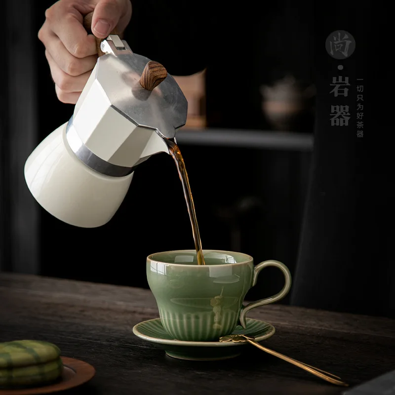 HYS retro celadon green vertical coffee cup with saucer set ceramic drinking cup breakfast cup milk