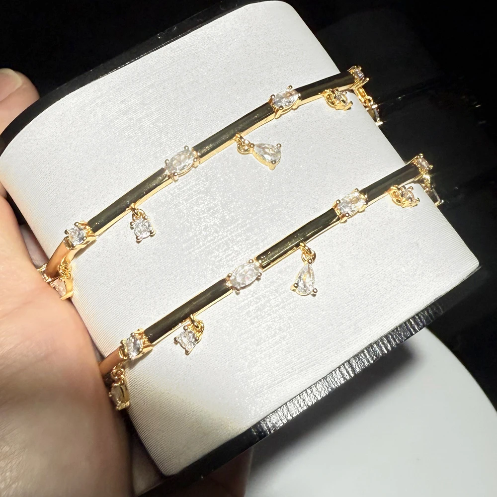 2025 بلينغ هندسية الأبيض تشيكوسلوفاكيا قطرة سوار Charm الذهب اللون بار الخيزران ربط سلسلة للنساء العصرية مجوهرات الأزياء الطرف #3