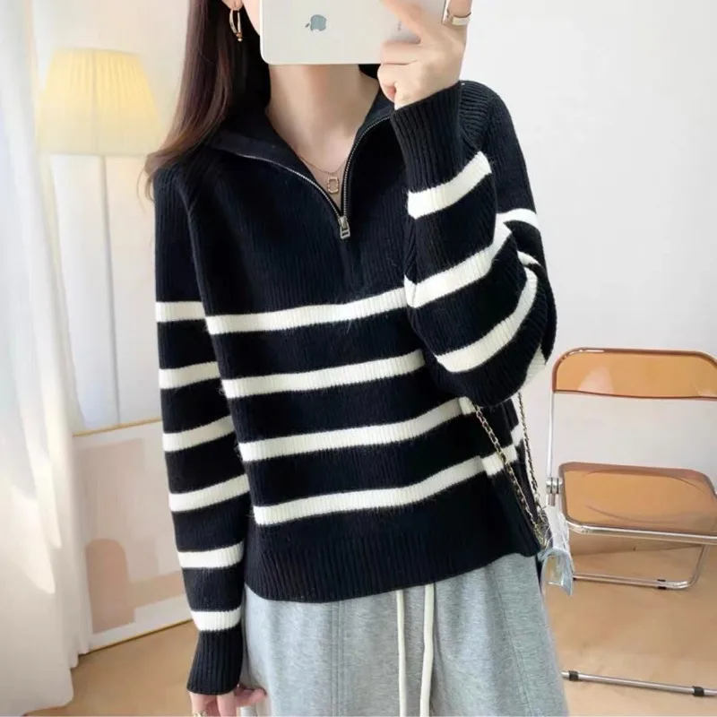 

Stripe Women's Knit Sweater Harajuku Japanese Style Cheap Top Jumper Aesthetic Clothes Smooth Trend With Zipper Ladies Pullovers