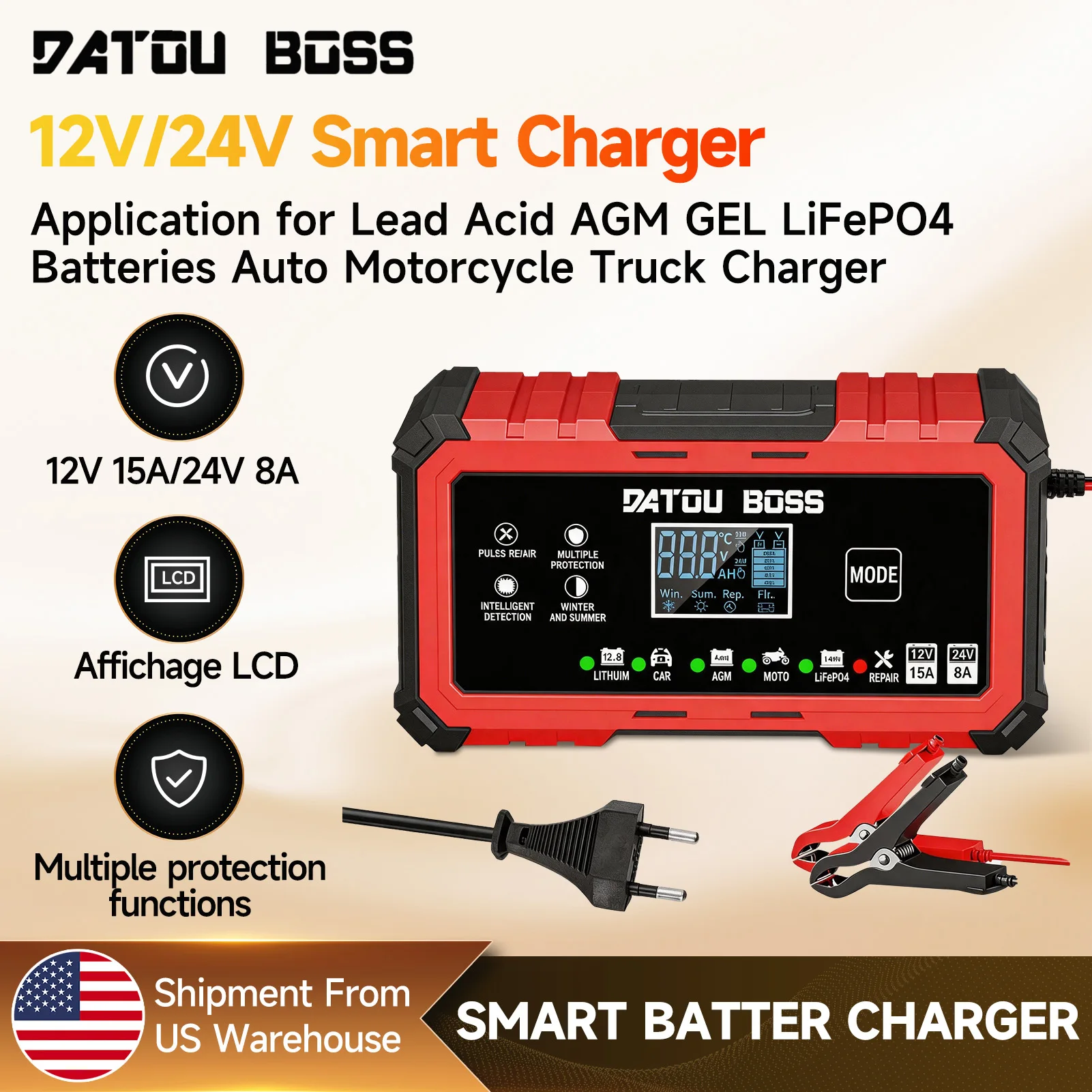 DATOUBOSS 12V/24V Smart Charger Application for Lead Acid AGM GEL LiFePO4 Batteries Auto Motorcycle Truck Charger