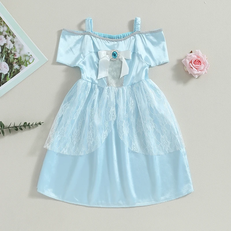 Kid Girl Princess Dress Short Sleeve Off Shoulder Lace Patchwork Bowknot Elegant Party Ball Gown Birthday Wedding