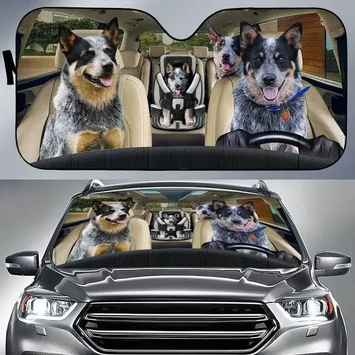 Funny Blue Heeler Dog Family Driving Car Sun Shade, Four Blue Heeler Dogs, Driving Together, Auto Sun Shade