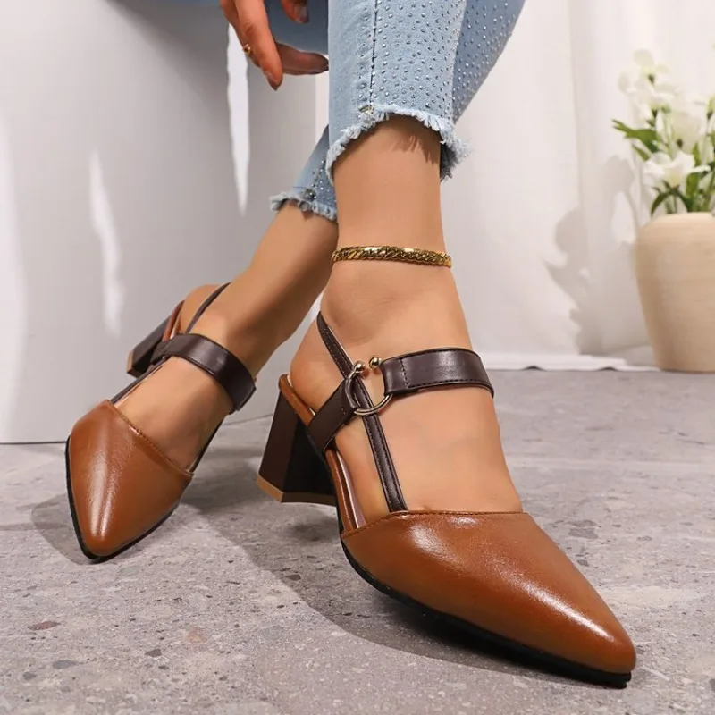 Women's Slingback Pumps Pointed Toe Mid Block Heel Smooth Leather-Look Upper Metal Ring Strap Casual Dressy Daily Work Footwear