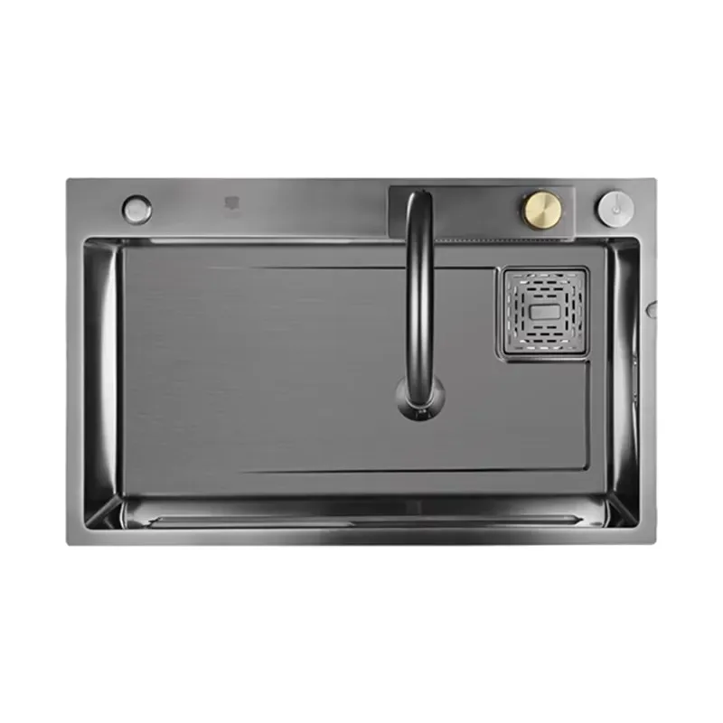 STLF Modern multifunctional kitchen handmade stainless steel sink, smart Feiyu waterfall faucet single bowl sink, 750x450mm