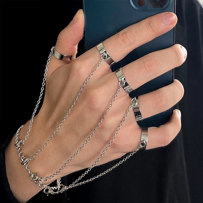 Modyle Punk Geometric Silver Color Chain Wrist Rings for Women Men Charm Hip Hop Chain Open Rings Set Couple Fashion Jewelry