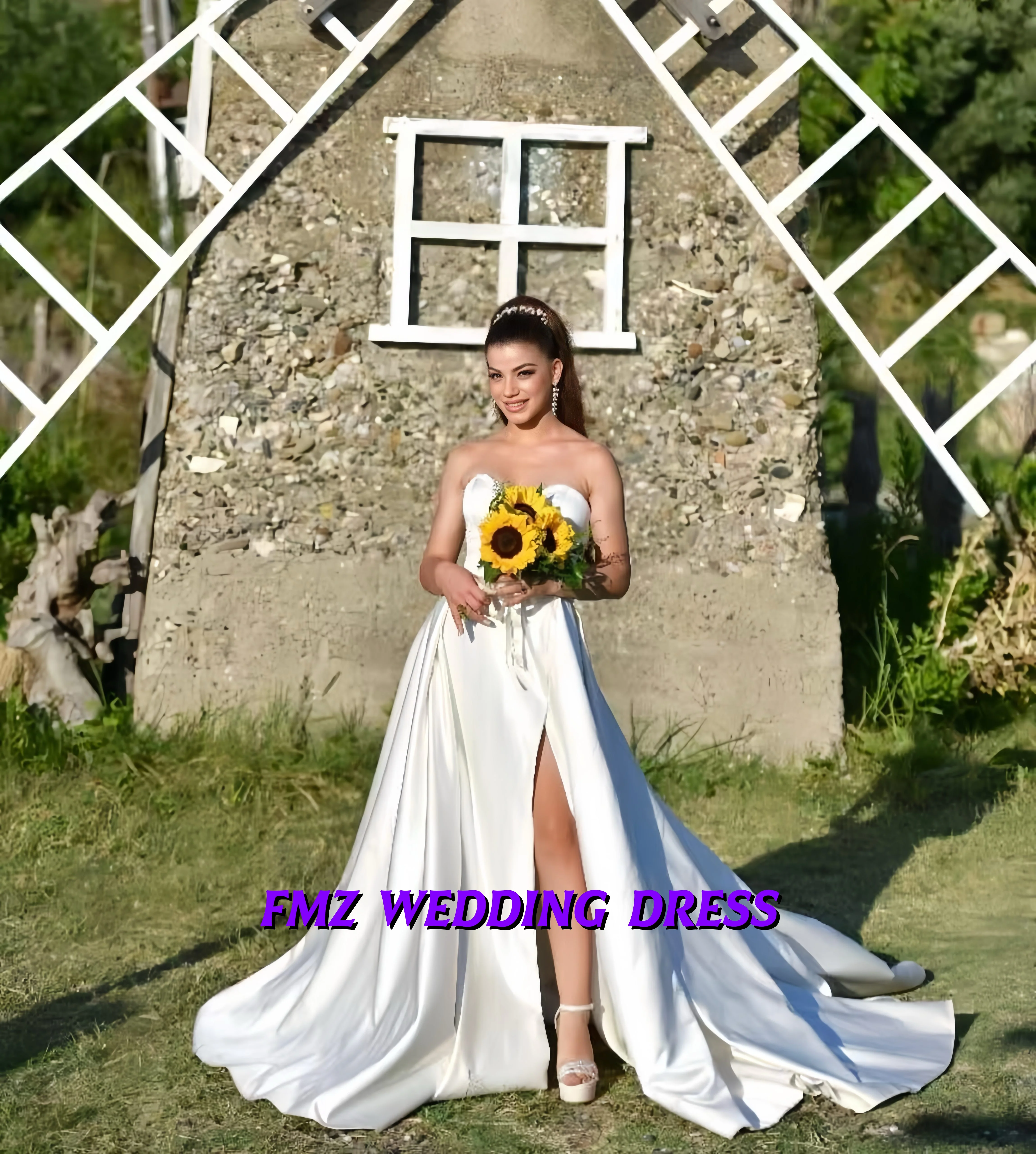 

Customized wedding sweetheart sleeveless slit A-Line satin wedding robe for bride wedding dress vestidos de novia