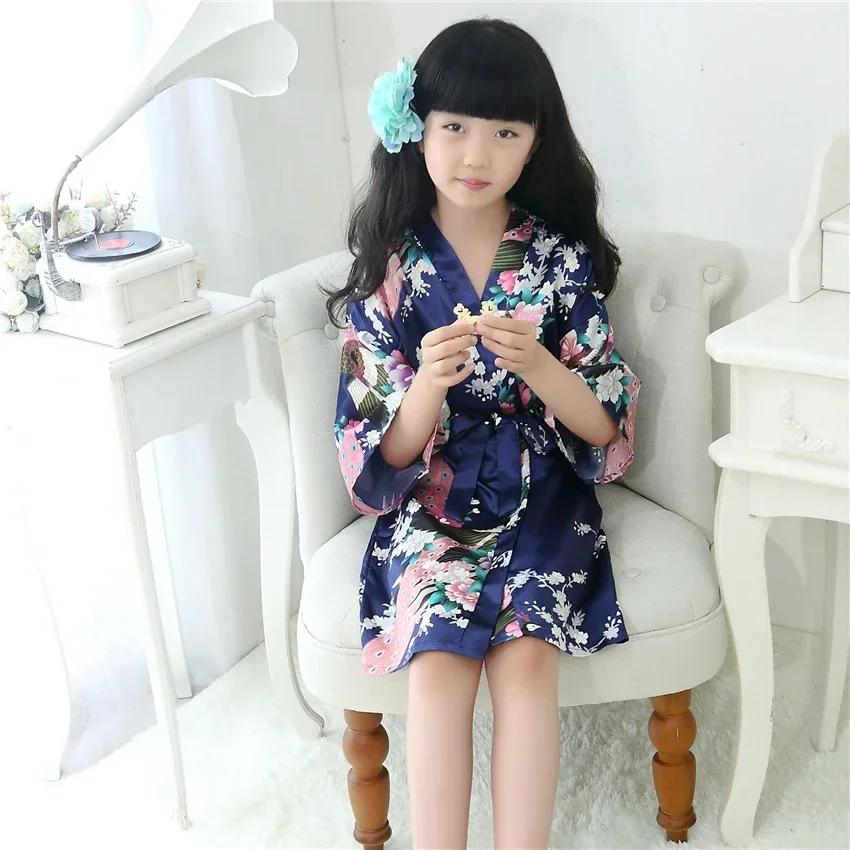 9Color Traditional Japanese Kimono Clothing for Girls Wedding Bridesmaid Peacock  Pajamas Kids Silk Asian Sleepwear