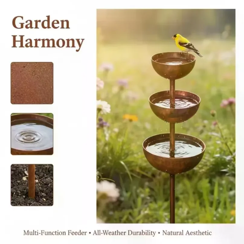 Plant Support Metal Garden Ornament,Garden Stake With 3-Tiered Water Bowls, Bee Bird Water Feeder Bath, Outdoor Yard Patio Decor