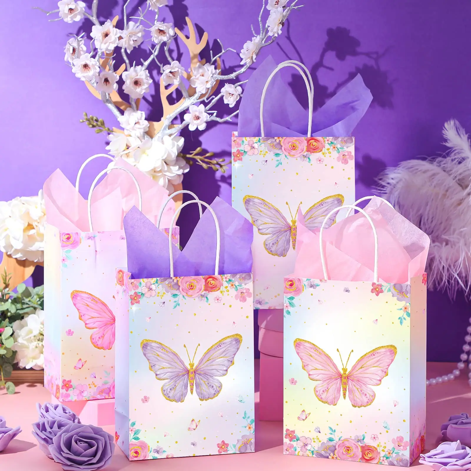 Butterfly Candy Bags Pink And Purple Goodie Bags For Girl Birthday Party Supplies Bags Baby Shower Decoration Supplies