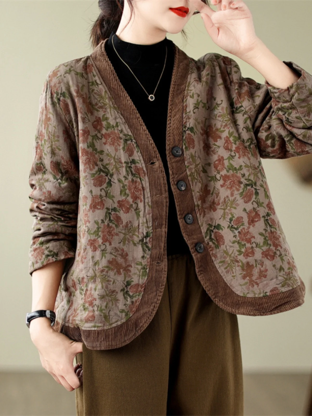 

Loose Floral Cotton Jaet Women's Autumn Winter Cotton Padded Coat Ethnic Sle V-Ne Long Sve Commute Sle Outerwear