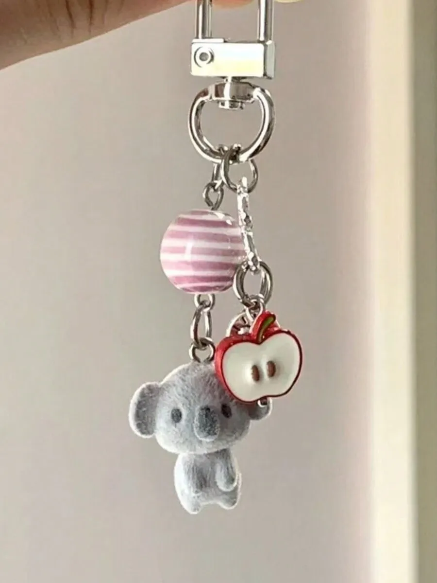 

1pc Unisex Cartoon Flocked Koala Keychain with Heart Apple Pendant Cute Gift Accessory