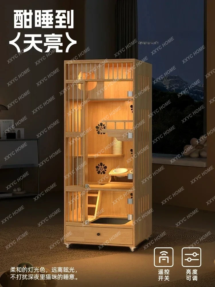 TTS Solid wood cat cage does not occupy an area of cat villa with toilet integrated household small apartment cat cage cabinet