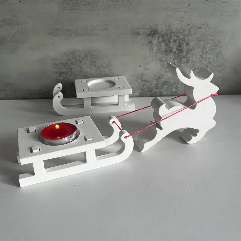 Elk Sled Candle Holder Concrete Cement Molds DIY Handmade Decoration Christmas Tree Ornament Display Stand Gypsum Plaster Mould