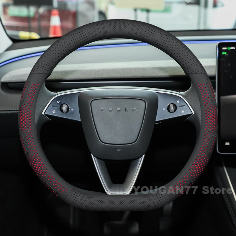 

36cm 38cm D-Type Leather Car Steering Wheel Cover For Tesla Model Y 3 2023-2025 Auto Steering Wheel Tesla Model Y Accessories