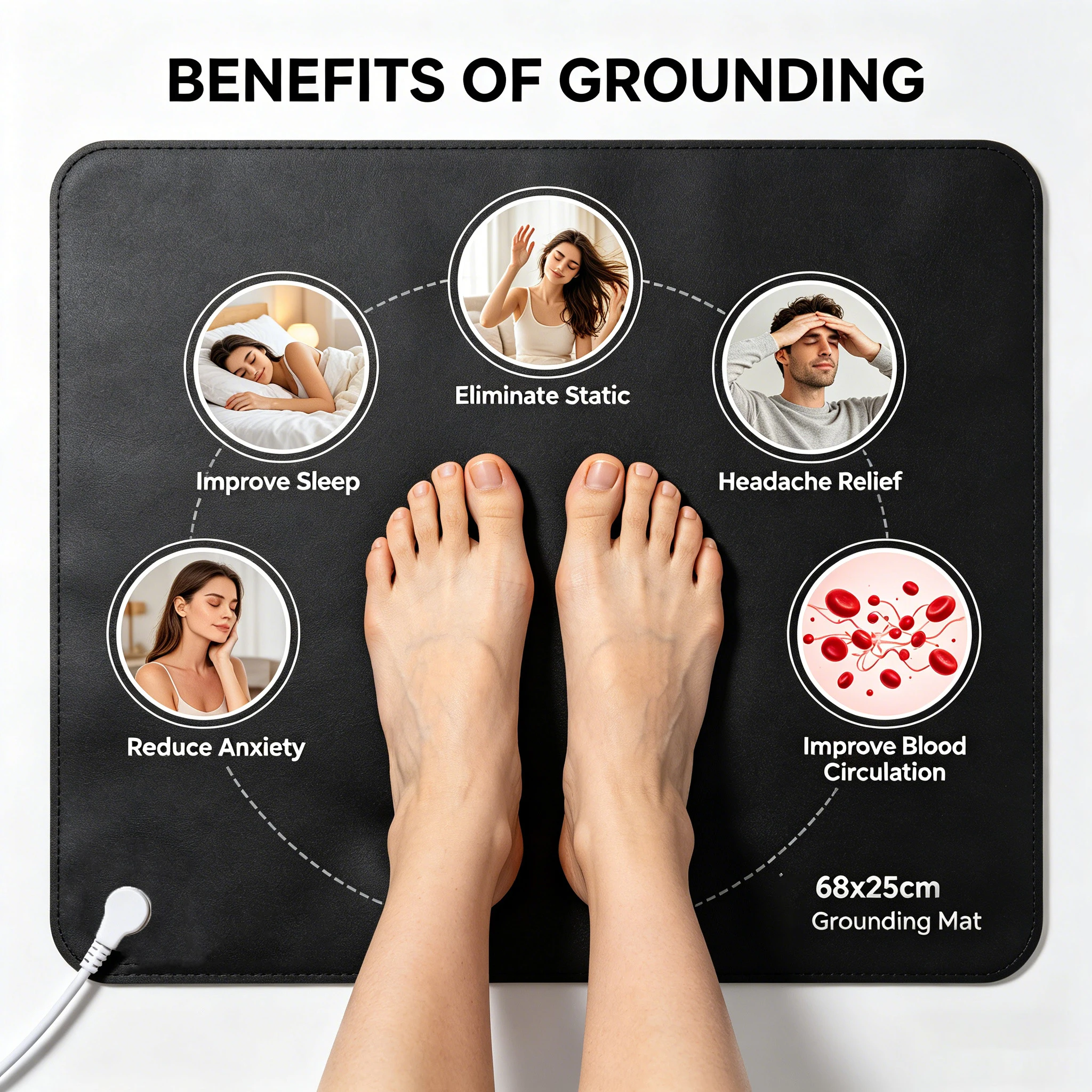68x25cm PU Leather Grounding Mat Earthing Pad EMF Protection Sleep Support Stress Relief Pain Relief Anxiety Relief for Home Pro