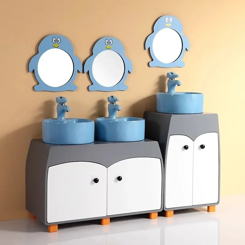 Cute Penguin Kids Washbasin Floor Standing Bathroom Sink Set with Cabinet for Kindergarten Children Toilet Room
