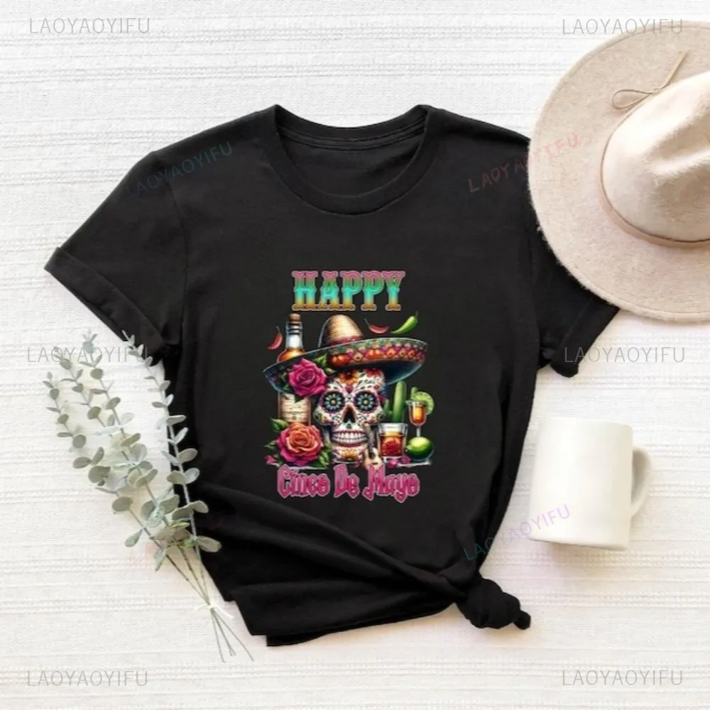 Happy Cinco De Mayo Skull Mexican Sombrero Tshirt Funny Sugar Skulls Day of The Dead Traditional Festival T-shirt Casual Tees