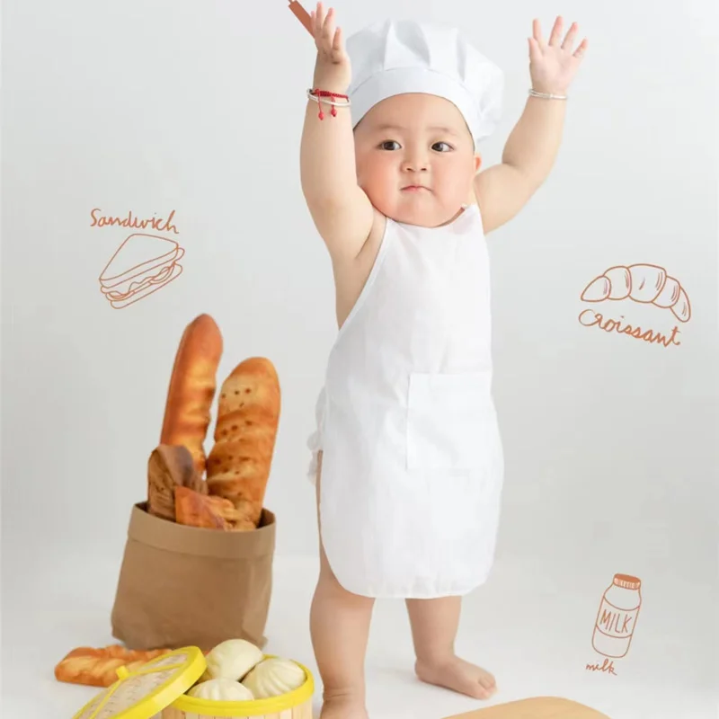 Cute White Cook Costume Photos Photography Prop Newborn Hat Apron Baby Chef Apron&Hat For Kids Costumes Cotton Blended clothing