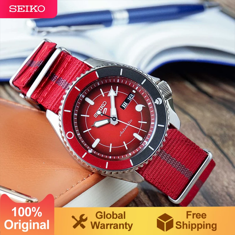 Original SEIKO 5 Automatic Mechanical Watch Red Strap Watch 10Bar Waterproof Luminous Casual Watches for Men Japanese