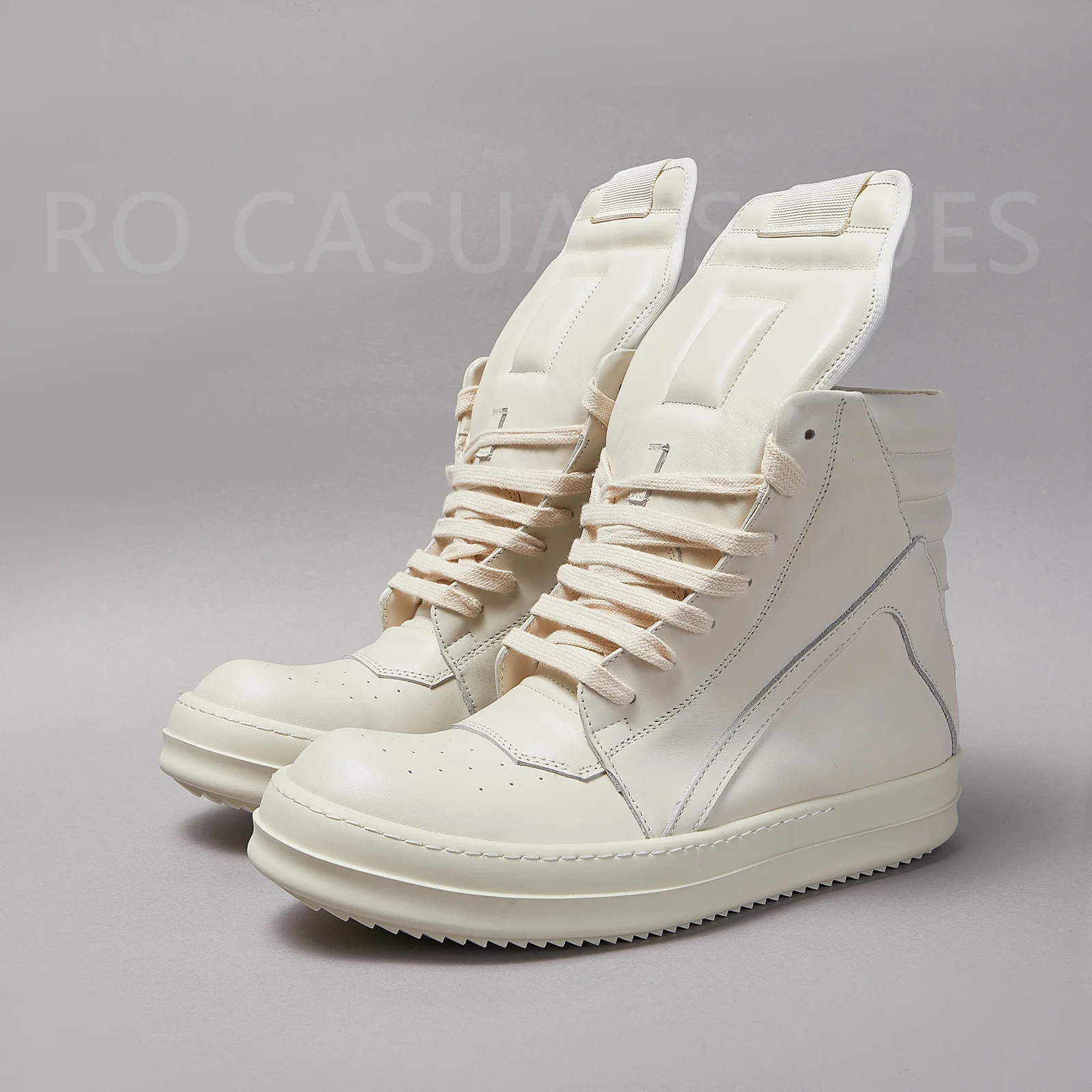 Ricks Genious Beige Leather High Top Geobasket Owens Quality Men Shoe Zipper Women Sneaker Casual Owens Design boots & Shoes