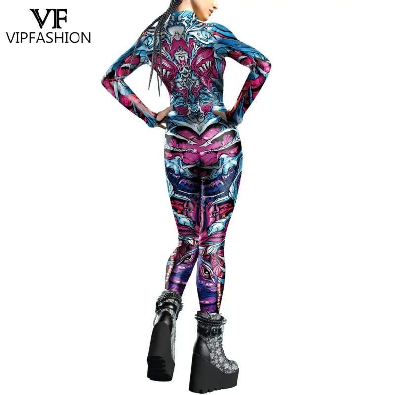 VIP FASHION Halloween Costume Cosplay festa di carnevale con cappuccio Zentai Catsuit stampa digitale 3D abiti da donna body