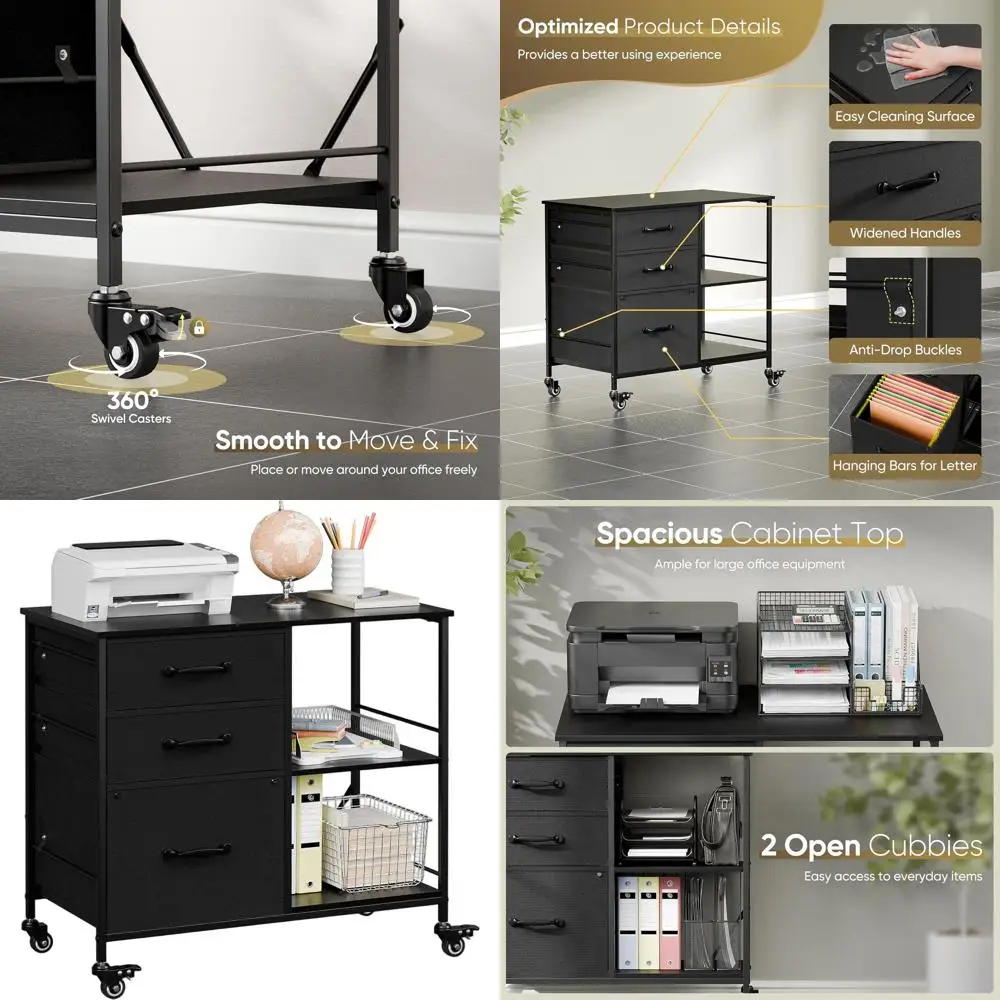 

3-Drawer Mobile Lateral File Cabinet with Printer Stand for Compact Office and Home in Black