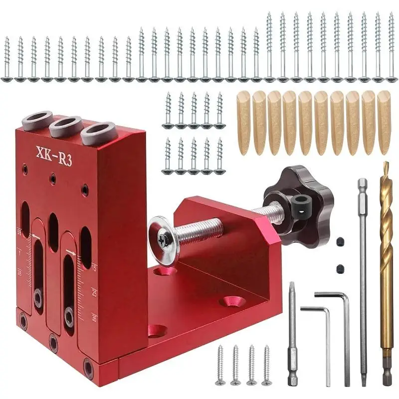 1 Set Pocket Hole Jig Kit Adjustable with Three Drilling Guides for 15° Angle Efficient System Tools Locator Red