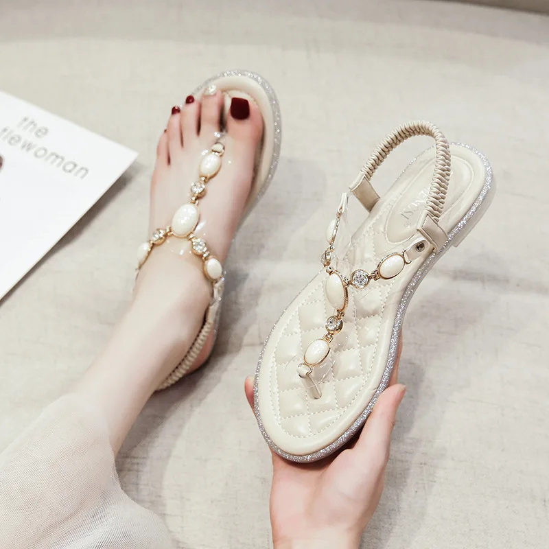 2024 Shoes for Women Beautiful Sandals Summer Girl Big Size Bead Leisure Slippers Ladies Casual Flat Shoes