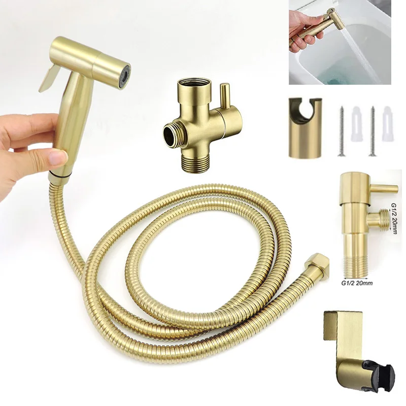 

Stainless steel Gold Toilet Bidet Sprayer Faucet wc shower Hand head Spray set Douche protable water Hose Kit hanging Holder