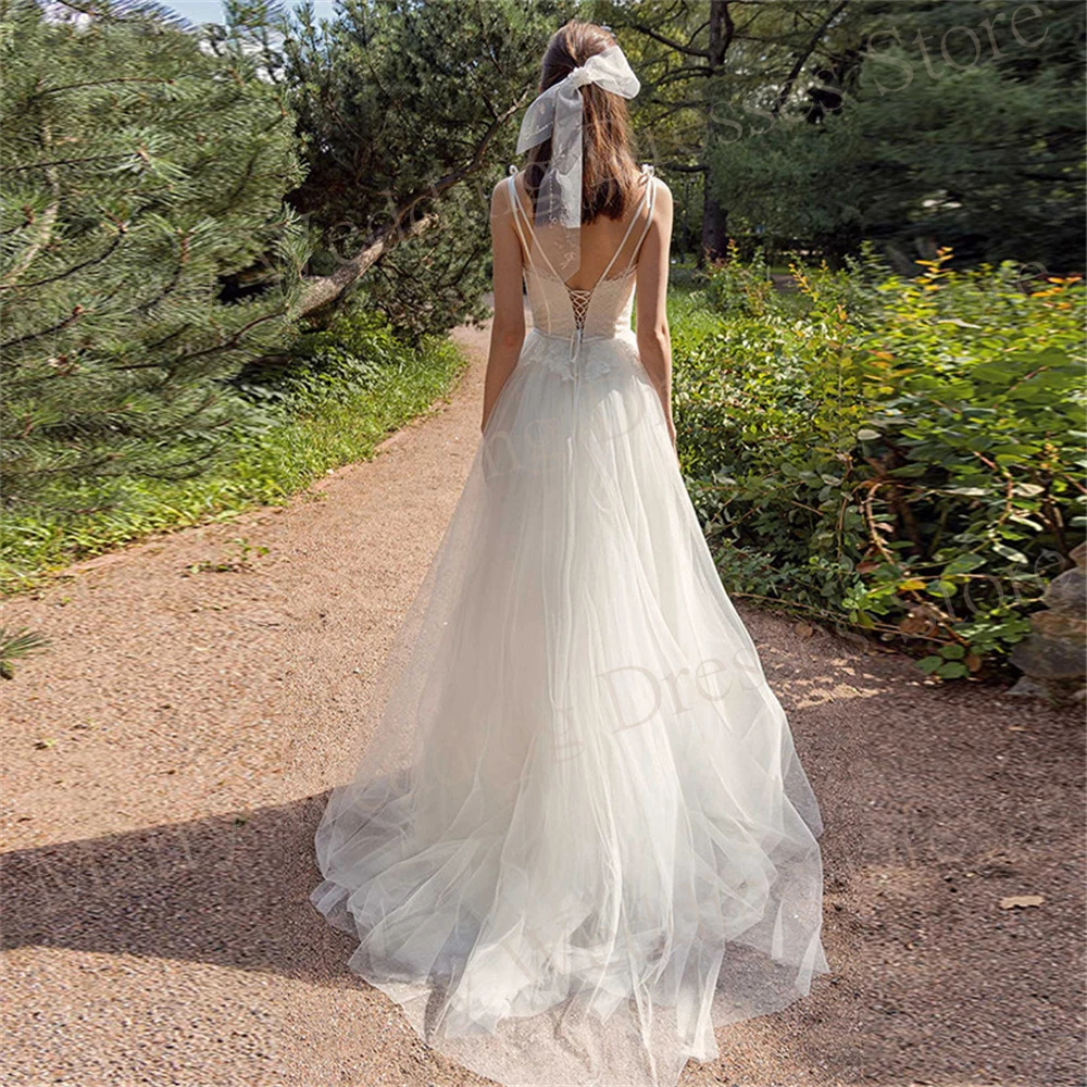 Vestido De Novia De tul sin mangas con apliques, traje bohemio romántico con tirantes finos y cordones en la espalda