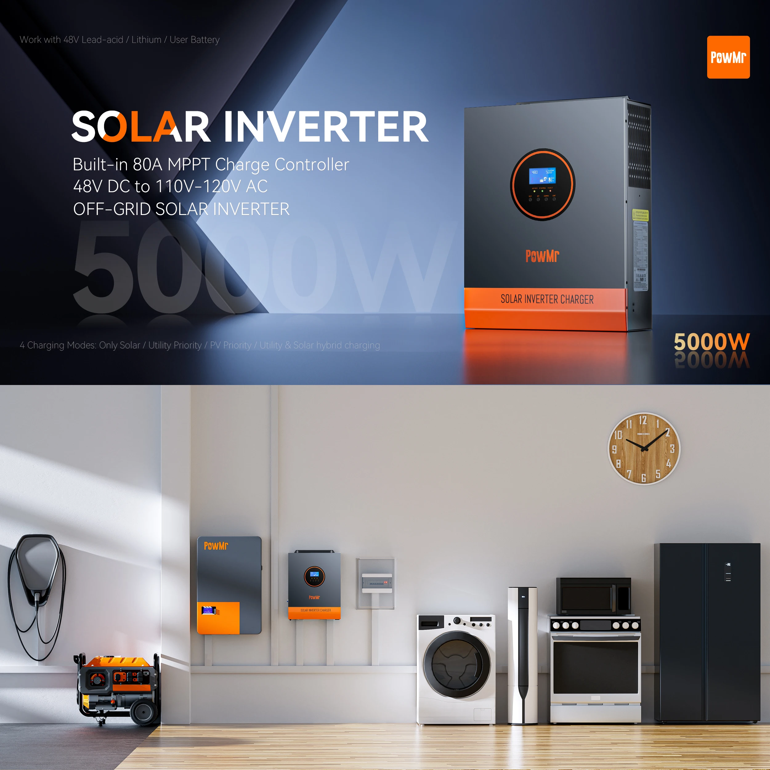PowMr Mexican In Stock 5KW Off Grid Solar Inverter 48V DC To 110/120V AC Solar Inverter For Off Grid Solar System