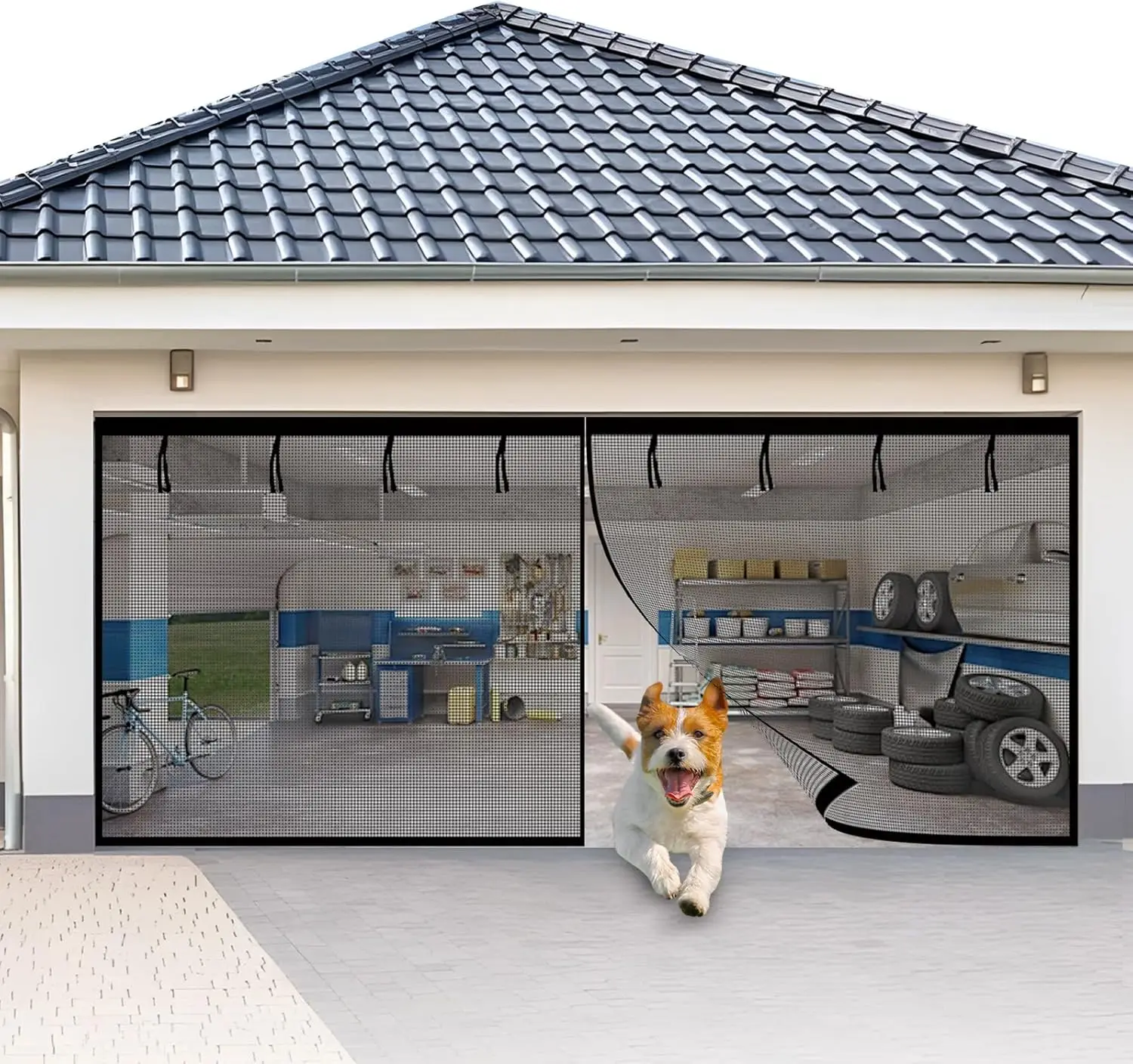 Fiberglass Garage Screen Door Size: 16.3X7.15FT, Heavy Duty Fiberglass Magnetic Garage Door Screen for 2-Car Garages, Hands-F