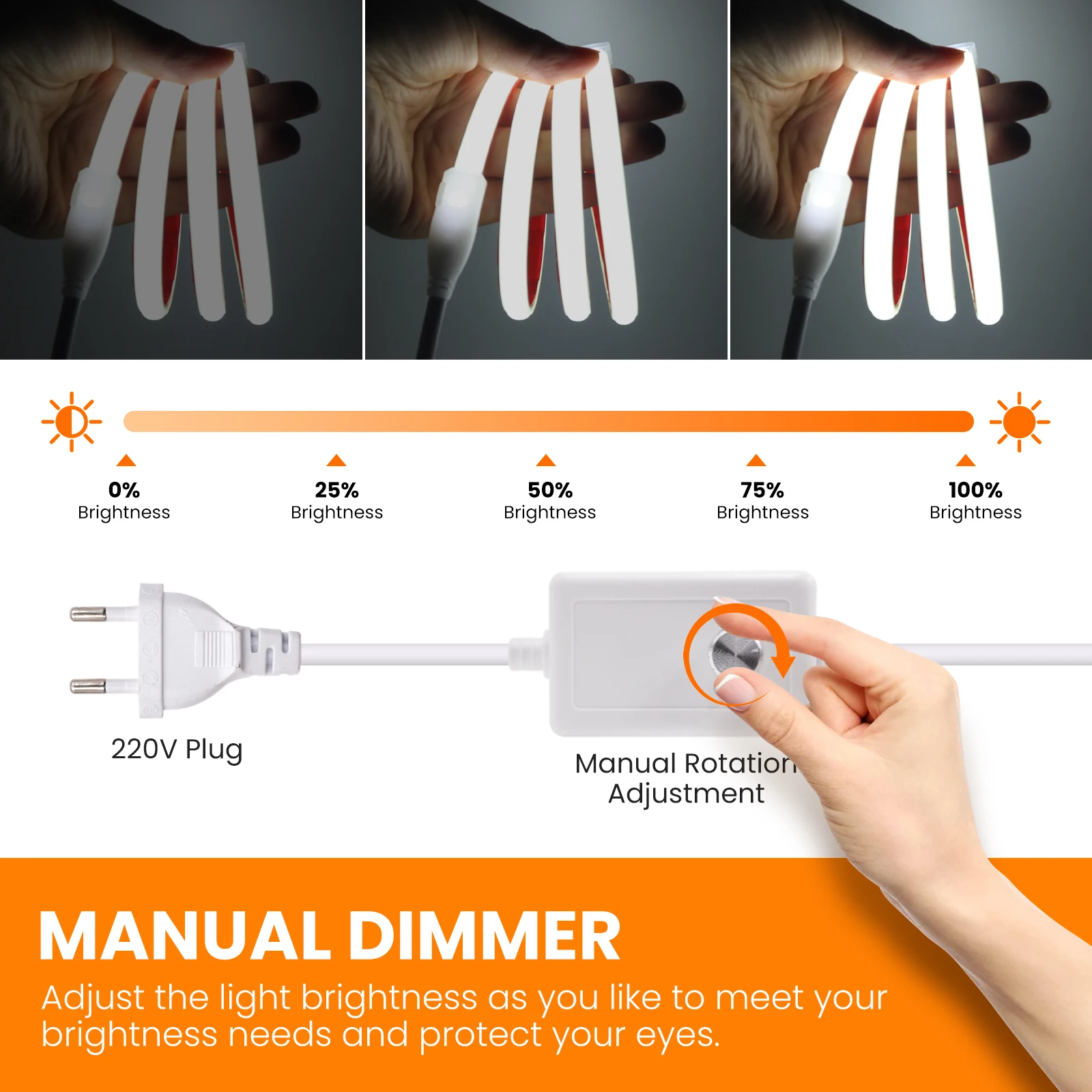 Imagem -02 - Impermeável Flexível Cob Led Strip com Interruptor Dimmer Fita Adesiva eu Plug Branco Quente Branco Natural 220v 288leds por m