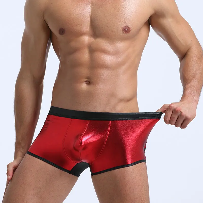 Men Underwear Shiny Imitation Leather Color Matching Boxers High Elastic Low-Rise Underpants Sexy U Convex Pouch Boxer Knickers