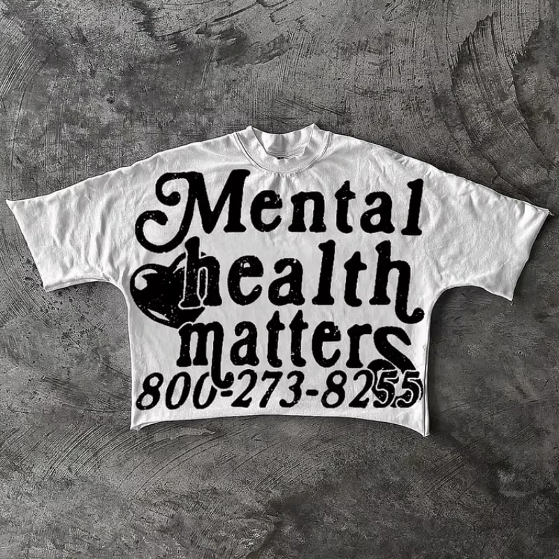 

Укороченные футболки с принтом Mental Health Matters Graphics, мужские футболки Y2K с короткими рукавами, винтажная футболка большого размера, уличная женская одежда, топы