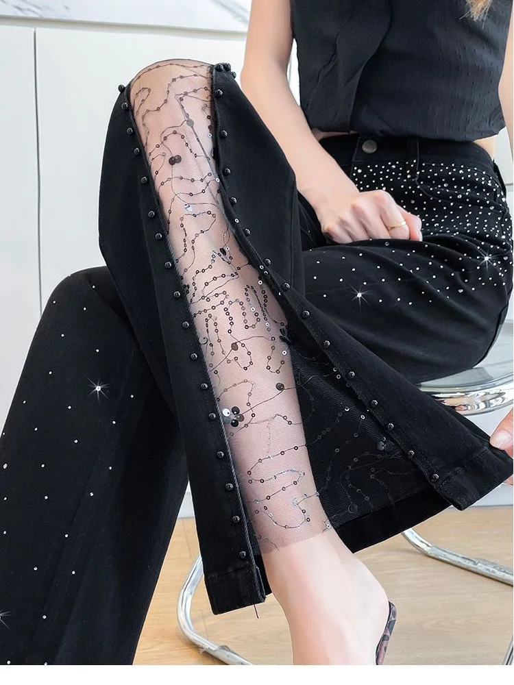 CHIC Summer Lyocell Elegant Lace Pearls Sequined Patchwork Bootcut Denim Jeans for Women Flared Pants Fashion Girl Long Trousers