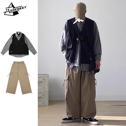 Spring Casual Sets Men Vintage Vest Patchwork Striped Shirts+Wide-legged Baggy Cargo Pants Fake Two Long-sleeved Tops Male Suit