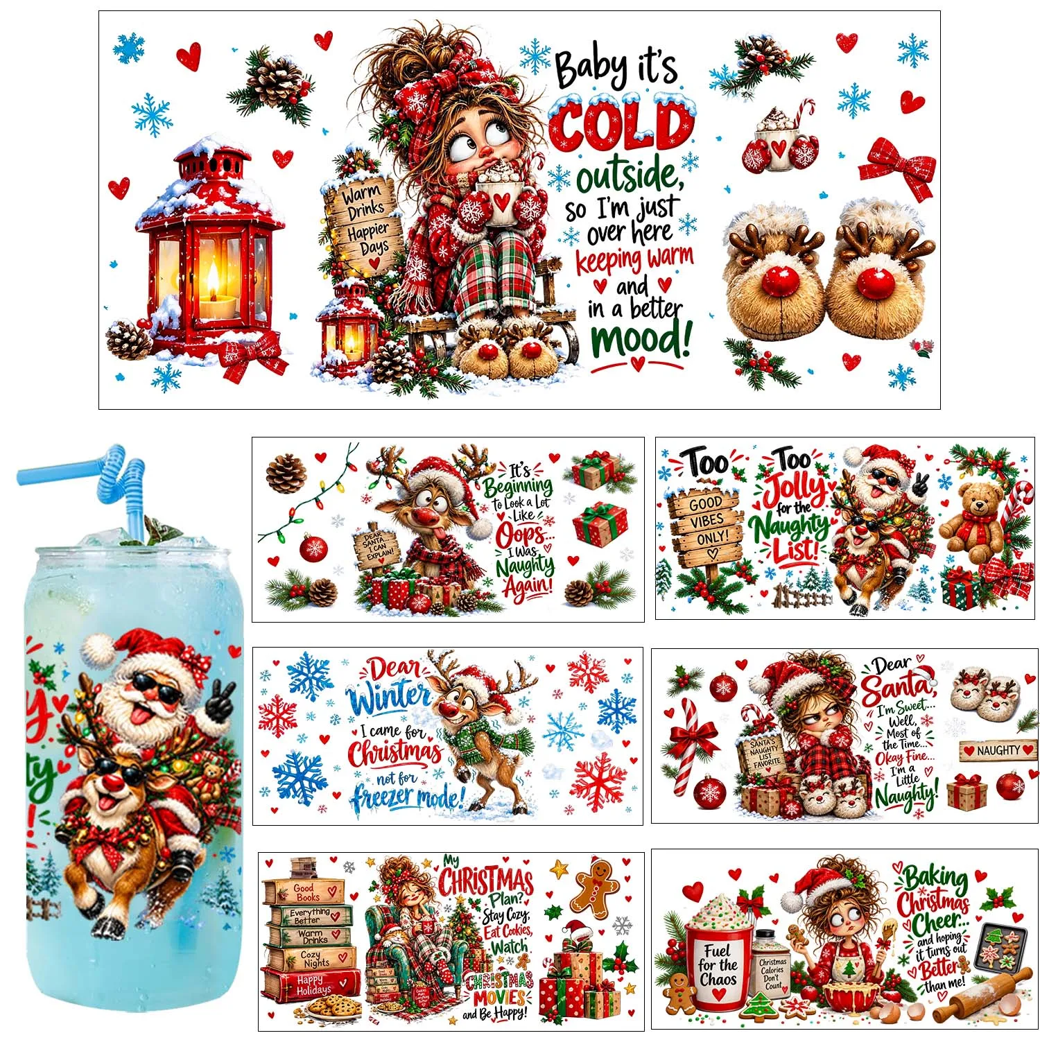 Merry Christmas Funny Elk 16oz UV DTF Transfer Sticker Waterproof DIY Decals 3D Transfers UVDTF Sticker 16oz UV DTF Cup Wraps