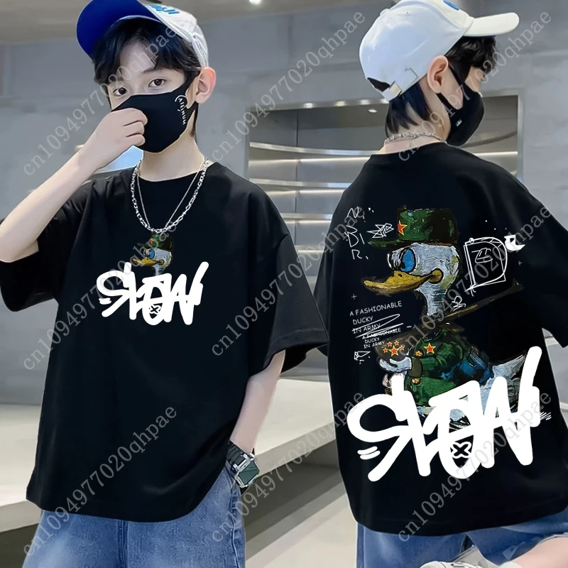 ملابس الأطفال الكورية 2025 الفتيان الأمريكية الكرتون بطة طباعة الجرافيك تي شيرت 100% القطن تي شيرتات قصيرة الاكمام ملابس فتاة #4