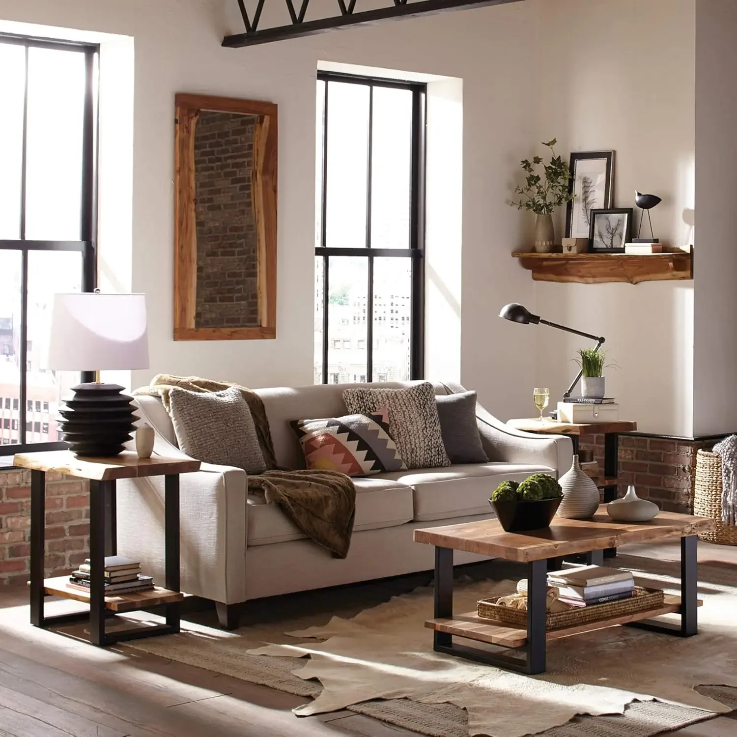 Natural Wood Live Edge Coffee Table w/ Metal Strap Legs Brown Black Metal Accents Unique Imperfections Clear Natural